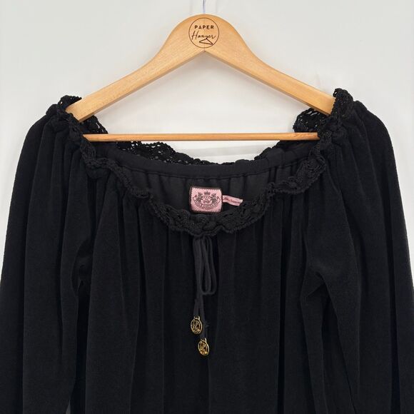 Juicy Couture Lace Trim Long Sleeve Y2K Top, Sz Med, Black Kangaroo Pouch - Picture 3 of 11